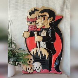 Vintage 3D Molded Plastic Halloween Vampire Wall Decor, Red and Black Design